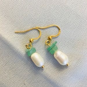 Cute Dainty Stainless Steel Freshwater Pearl + Aventurine Beaded Drop Earrings